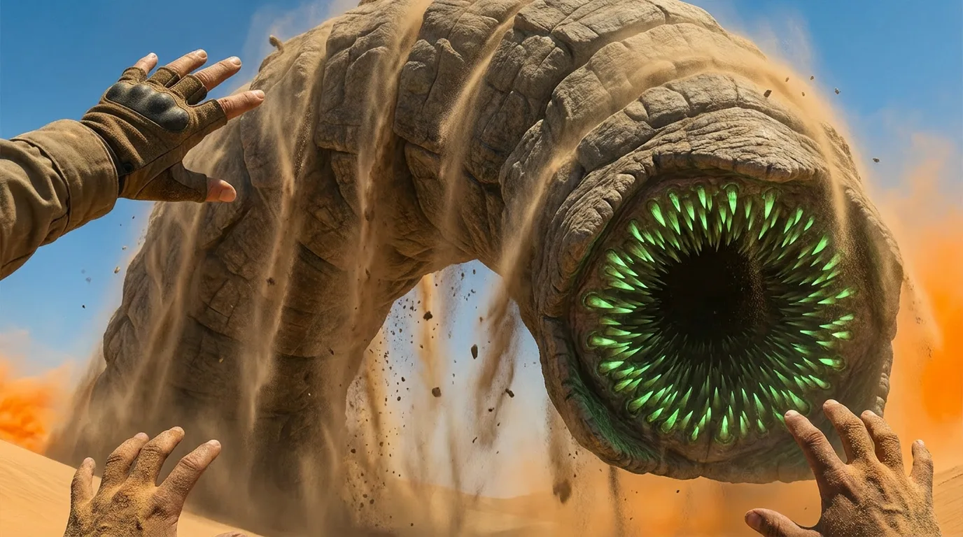 Aika and Akari stand at the edge of a vast expanse, their eyes fixed on a colossal sand worm. The creature's massive, armored body undulates as it emerges from the dunes, its maw agape, revealing rows of razor-sharp teeth. The air is heavy with the scent of sand and metal, and Aika's breath comes in short, sharp gasps as she readies the CORE7 broadcast rig.