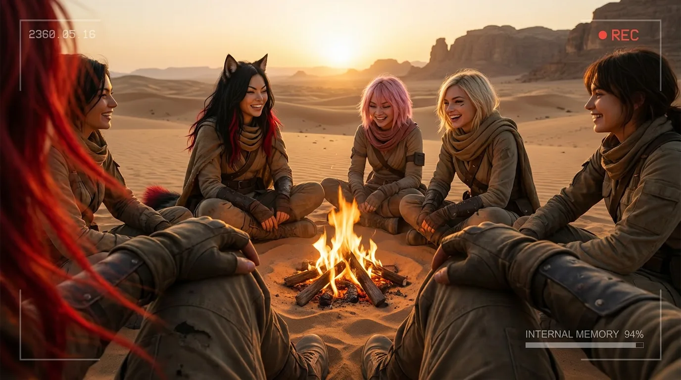 Aika's breath warms the skin on my neck as she leans in close, her eyes fixed on the flames that dance between us. The desert's metal smell clings to our clothes, a reminder of the harsh world we inhabit. Komi's hand brushes against mine, a gentle touch in the vast expanse of sand. The sun dips below the horizon, casting a warm glow over our small circle.