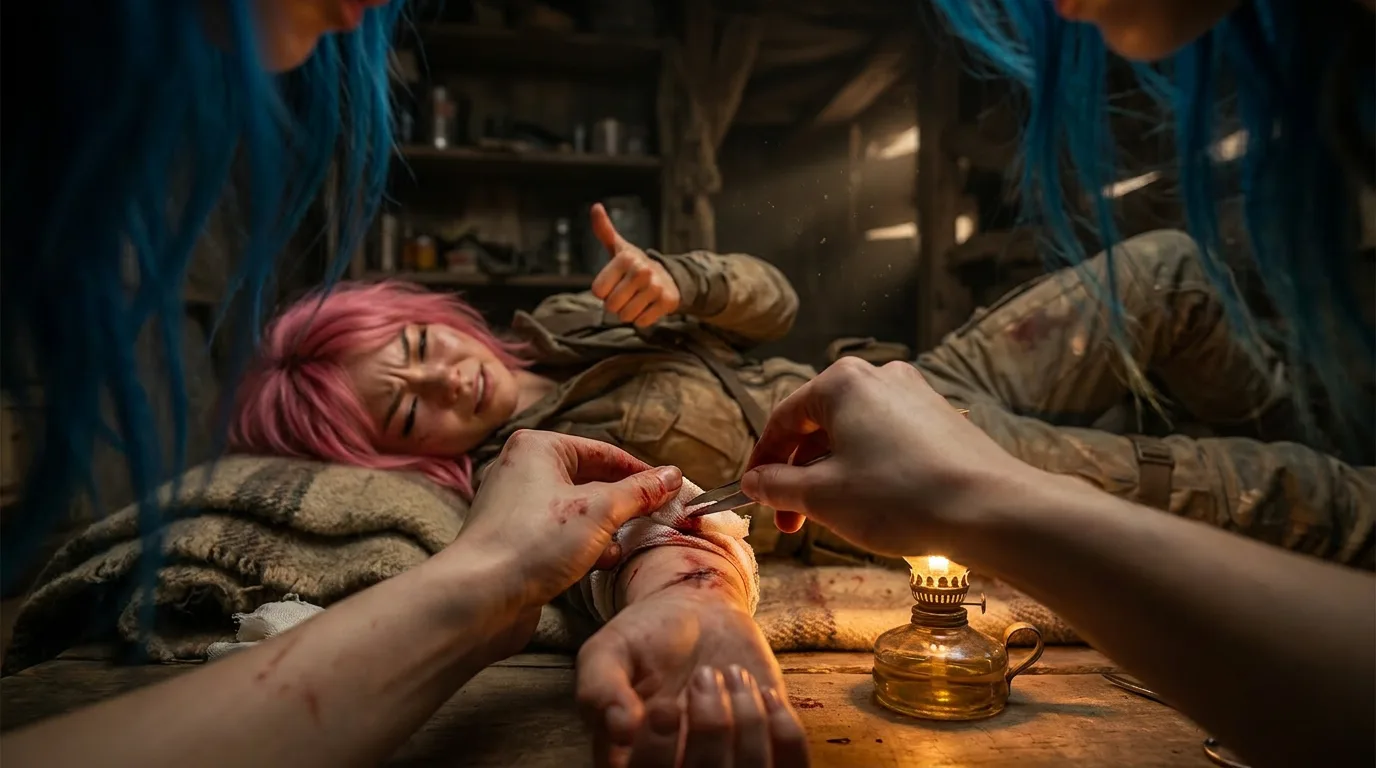 Aika's hands, scarred from years of scavenging, gently hold Akari's wrist, her fingers wrapped in a makeshift bandage. Akari's pink hair, a vibrant splash in the dim light, is tied back, revealing a face etched with fatigue. Hina's breath on Akari's neck is a soft whisper, a rare moment of intimacy in the harsh, radiation-scarred world. The CORE7 rig hums softly, a reminder of their mission to find the Polyák family.